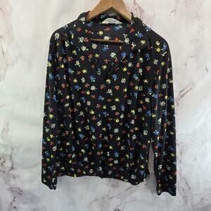 Vintage Shirt Womens XL Black Blouse Floral 70s 60s Popover Collared Long